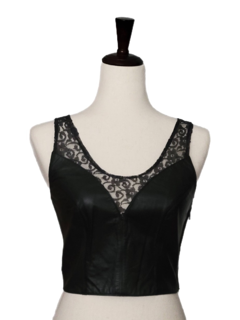 Black Leather Lace Crop Top Sleeveless Vintage Chia Sz Small Goth Biker
